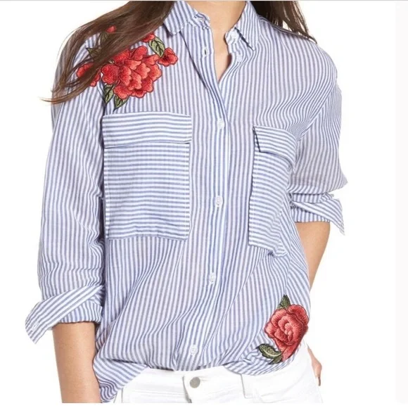 Rails Frances Baker Stripe Floral Embroidered Button Down Shirt - Picture 3 of 11